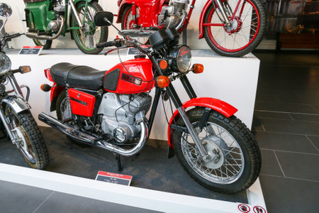 Verkhnyaya Pyshma, Russia - September 14, 2021: Classic motorcycle Izh-7.107 Planeta-5 in the UMMC...