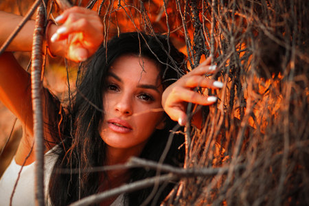 Beautiful young woman entangled in the rootsの写真素材