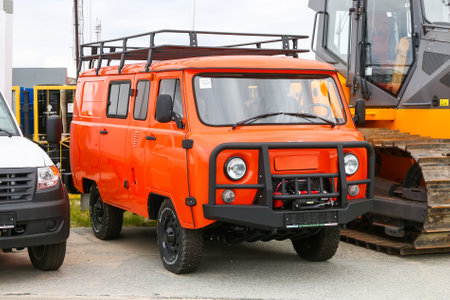 Novyy Urengoy, Russia - September 10, 2022: Brand new offroad van UAZ-3909 Kombi Expedition in the city street.のeditorial素材