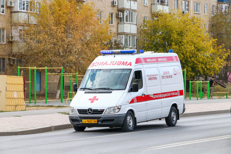 Atyrau, Kazakhstan - October 1, 2022: White ambulance car Mercedes-Benz Sprinter 311CDI in the city street.のeditorial素材