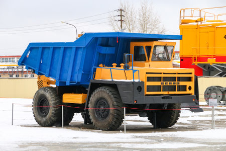 Verkhnyaya Pyshma, Russia - November 8, 2022: Mining dump truck BelAZ-7522 in the UMMC Museum of Military and Automotive Equipment.のeditorial素材