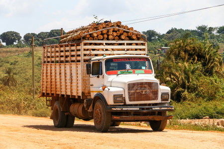 Central Region, Uganda - January 30, 2023: White timber lorry Tata SE at an intercity road.のeditorial素材