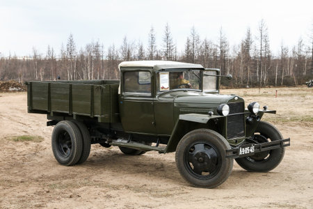 Novyy Urengoy, Russia - May 28, 2023: Soviet army WW2 military truck GAZ-MM at a countryside.