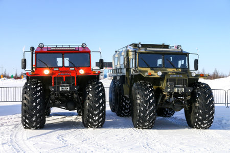 Novyy Urengoy, Russia - March 18, 2023: Offroad vehicles Olimp in the city street.のeditorial素材
