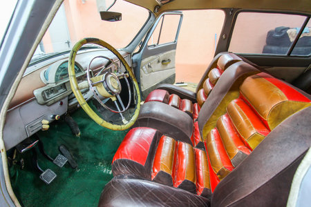 Novyy Urengoy, Russia - December 2, 2022: Interior of the Soviet classic luxury car GAZ-M-21L Volga.のeditorial素材