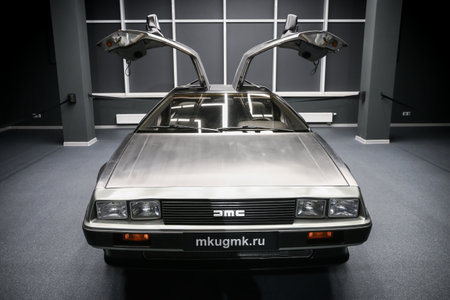 Verkhnyaya Pyshma, Russia - September 29, 2023: Classic sports car DMC DeLorean in the UMMC Museum of Military and Automotive Equipment.のeditorial素材