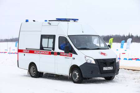 Tarko-Sale, Russia - March 2, 2024: Ambulance car GAZ Gazelle Next in the city street.のeditorial素材