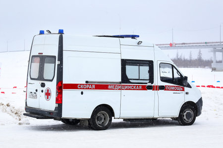 Tarko-Sale, Russia - March 2, 2024: Ambulance vehicle GAZ Gazelle Next in the city street.のeditorial素材