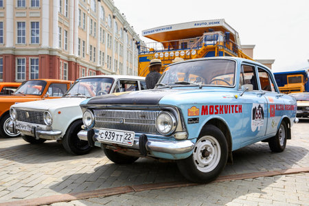 Verkhnyaya Pyshma, Russia - June 22, 2024: Classic Soviet car Izh-Moskvich-412IE takes part in the Ural Cup retro rally.のeditorial素材