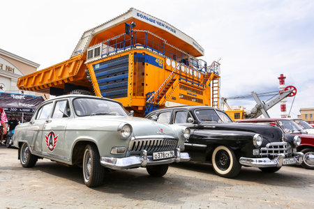 Verkhnyaya Pyshma, Russia - June 22, 2024: Soviet classic cars GAZ-M21 Volga and GAZ-12 ZiM take...