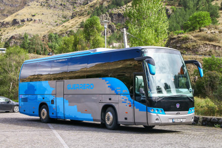Vardzia, Georgia - September 21, 2025: Touristic coach bus Beulas Aura at the countryside.のeditorial素材