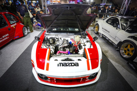 Chiba, Japan - January 12, 2025: Japanese racing car Mazda RX-7 at the Tokyo Auto Salon.