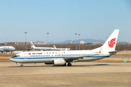 Beijin, China - March 6, 2026: Air China Boeing 737-800 on the air field of the Beijing Capital...