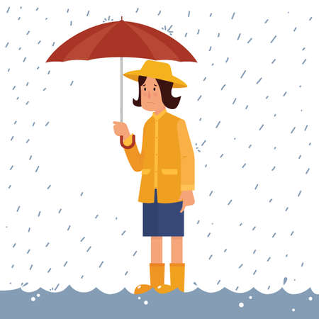 Girl in flood wearing raincoat and rain boots holding an umbrella, vector illustration.のイラスト素材