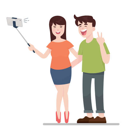 A couple take a photo with a selfie stick illustration.のイラスト素材