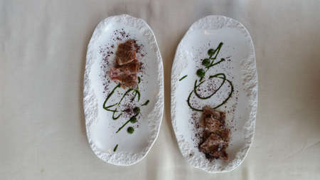 Top view of two white plates with meat on a white tablecloth