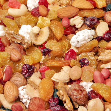 Close up of a mixed of nuts and dry fruits  Background with space for text or image 