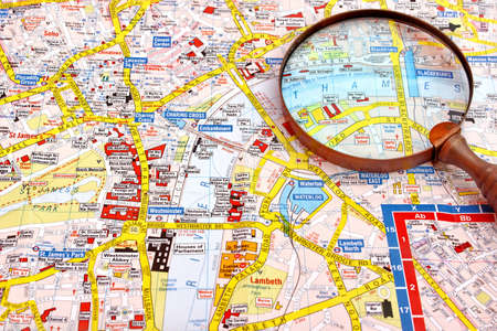 Map of London and magnifier glass. Themes river Close-up.のeditorial素材