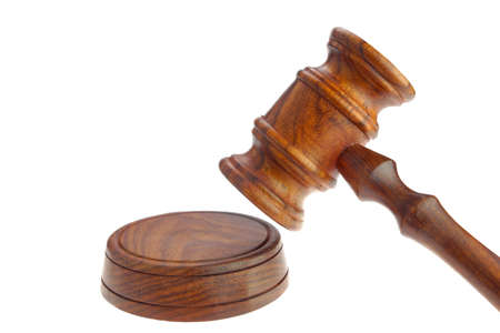 Judges or Presiding Officer or Auctioneers Hardwood Gavel and Sound Board Isolated on White...