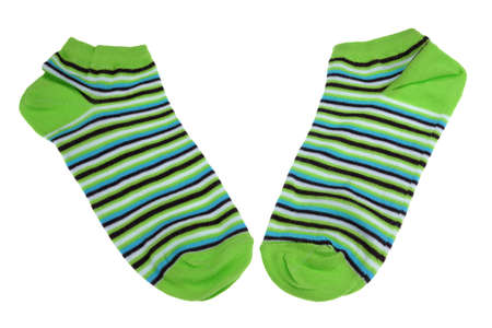 Pair Green, Black, Blue And White Striped Ladies or Girlish Socks Isolated On White Backgroundの写真素材