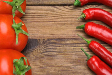 Fresh Peppers And Tomatoes On Wooden Rustic Table. Ingredients for Soup, Salad, Pasteの写真素材