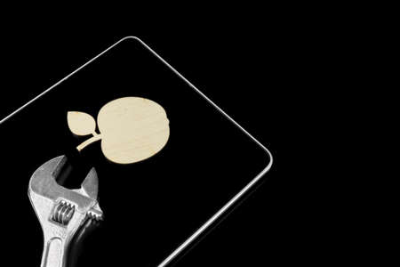 Tablet Computer, Adjustable Wrench And Wood Apple   Isolated On Blackの写真素材