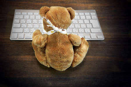 Brown Teddy Bear Sitting In Front Of The PC Keyboard On The Rustic Rough Wood Table Or Floor In The Lanterns Light. E-learning, E-commerce, E-business Concept Ideaの写真素材