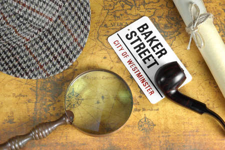 Private Investigation Concept. Sherlock Holmes Deerstalker Cap,  Sign BAKER STREET, Roll Of Paper...