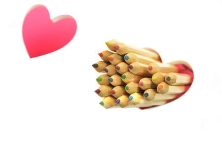 Love Concept. Many Color Pencls, Two Crumpled Broken Red Heart And Blank Page On The White Wood Isolated Background, Copy Space, Top Viewの写真素材