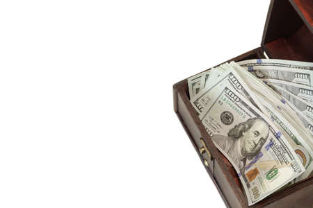 Vintage Opened Brown Wood Box With American Dollar One Hundred Bills Isolated On White Background,...
