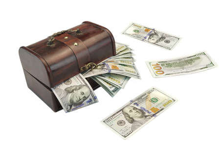 Vintage Half Open Brown Wood Box With American One Hundred Dollar Cash Isolated On White Background, Top View, Close Upの写真素材