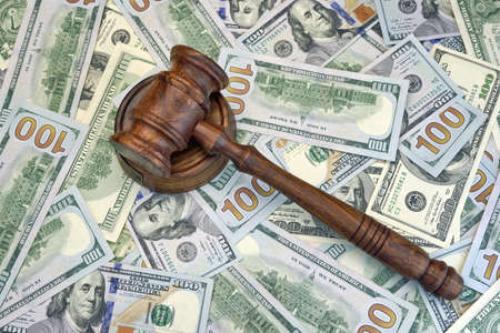 Judges Or Auctioneer Gavel On The Dollar Cash Background, Top View, Close-Up.の写真素材