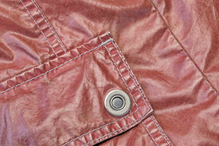Red Modern Vintage Shabby Leather Jacket Fragment With Patch Pocket, Close Up, Background With Copy...