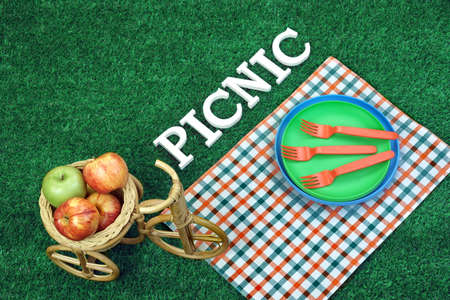 White Sign Picnic On Lawn, Plastic Plates, Forks And Wicker Bike Basket With Apples, Top Viewの写真素材