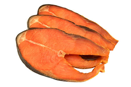 Slices Of Cold Smoked Pink Salmon Or Humpback Salmon Isolated On White Background, Close Up, Top...