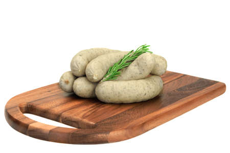 Weisswurst In A Heap On The Wood Cutting Board. Traditional Bavarian Or Munich White Sausage, Made From Minced Veal and Pork Back Bacon Isolated On White Background. Close Up, Top Viewの写真素材