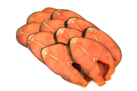 Slices Of Cold Smoked Pink Salmon Or Humpback Salmon Isolated On White Background, Close Up, Top Viewの写真素材