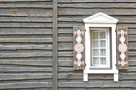 Wooden House Grey Wall From Overlapped Unedged Rough Shabby Board In Vintage Modern Rustic Style And Opened Window With Decorative Shatters And White  Curtainsの写真素材