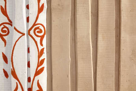 Beige Rough Rustic Barn Wooden Wall Or Panel With Abstract White Red Floral Pattern, Background Or...