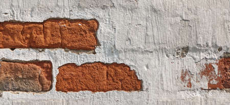 Empty Old Brick Wall Texture. Painted Distressed Wall Surface. Grungy Wide Brickwall. Grunge Red...