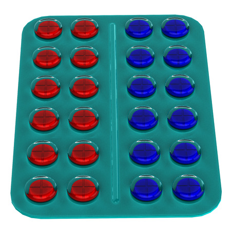 blister with red and blue pills isolated on white background.  3D render.の写真素材