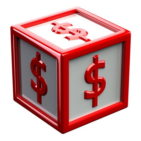 Sign dollar on red block, isolated on white background. 3D render.の写真素材
