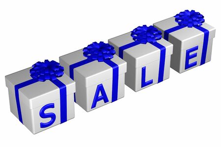 Gift boxes tied ribbon with a bow with word sale , isolated on white background. 3D render.の写真素材