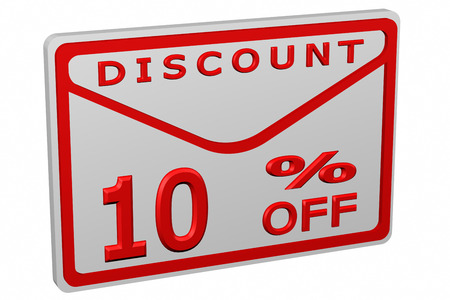 Envelope with sign discount 10 % off, isolated on white background. 3D render.