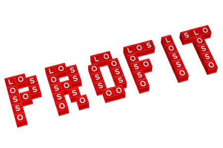 Word Profit written with blocks with letters L,O,S, isolated on white background. 3D render.