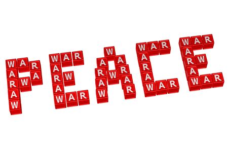 Word Peace written with blocks with letters W,A,R, isolated on white background. 3D render.の写真素材