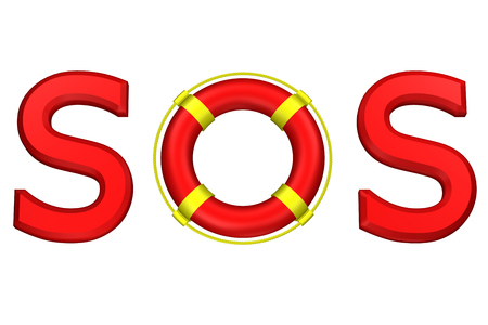 Concept: word SOS with lifebuoy, isolated on white background. 3D rendering.の写真素材