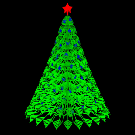 Green paper christmas tree on black and dark blue background. 3D rendering.の写真素材