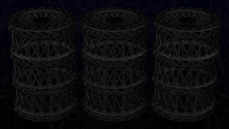 Background - cellular structure as oil barrel on black and dark blue background. 3D rendering.の写真素材