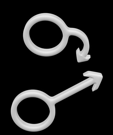 Concept - erectile dysfunction: white gender sign spear and shield of Mars bended, isolated on black background. 3D rendering.の写真素材